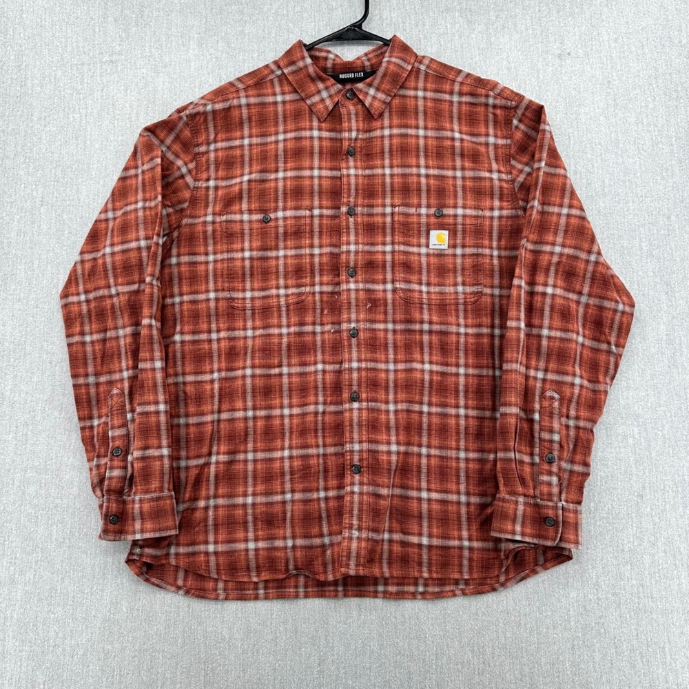 Carhartt Button Down Mens XL Orange Plaid Rugged Flex TW5949-M Relaxed Fit Shirt